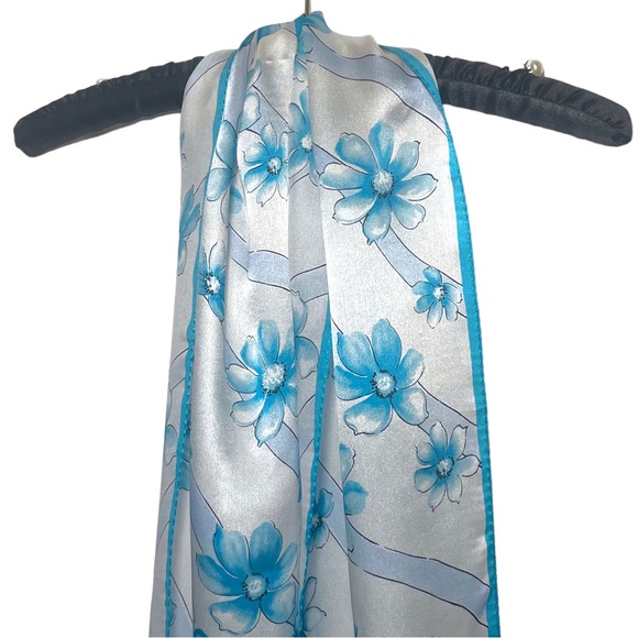 100% Silk Scarf - ELAINE GOLD for Collection XIIX - Blue White Floral 53” x 10” - Picture 9 of 13